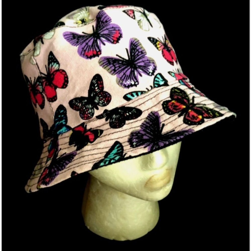 Pink Bucket Hat With Butterfly Pattern Womens One Size